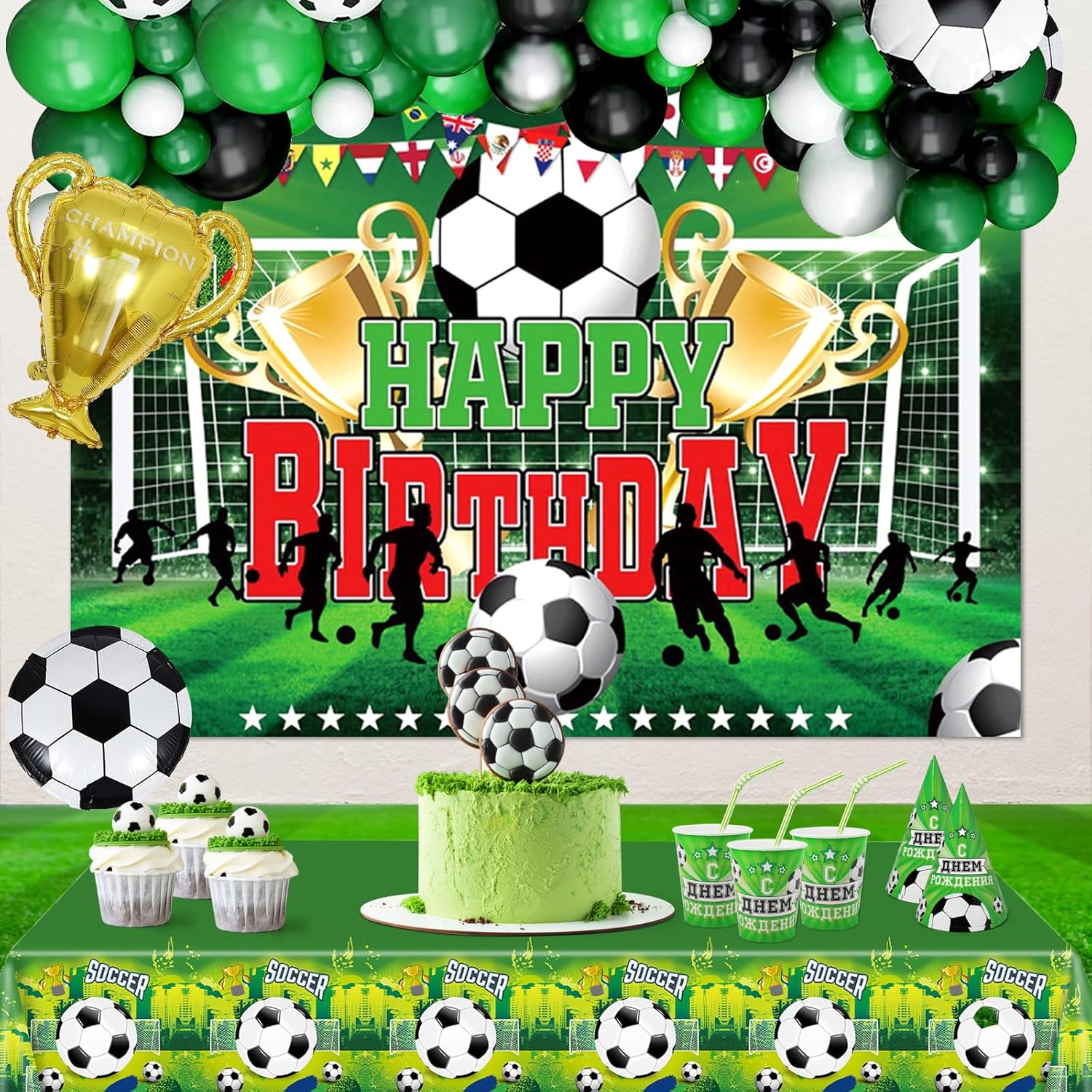 Decoraciones de fiesta de cumpleaños de fútbol para niños, 106 piezas de suministros de fiesta de cumpleaños de fútbol, incluyendo telón de fondo de
