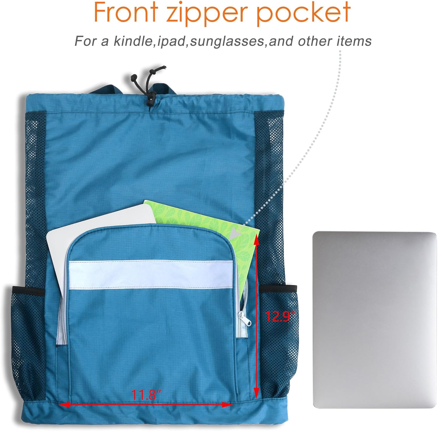 BeeGreen Mochila de gimnasio con cordón y bolsillo con cremallera, bolsa de natación para hombres y mujeres, bolsa de natación con cordón, bolsa