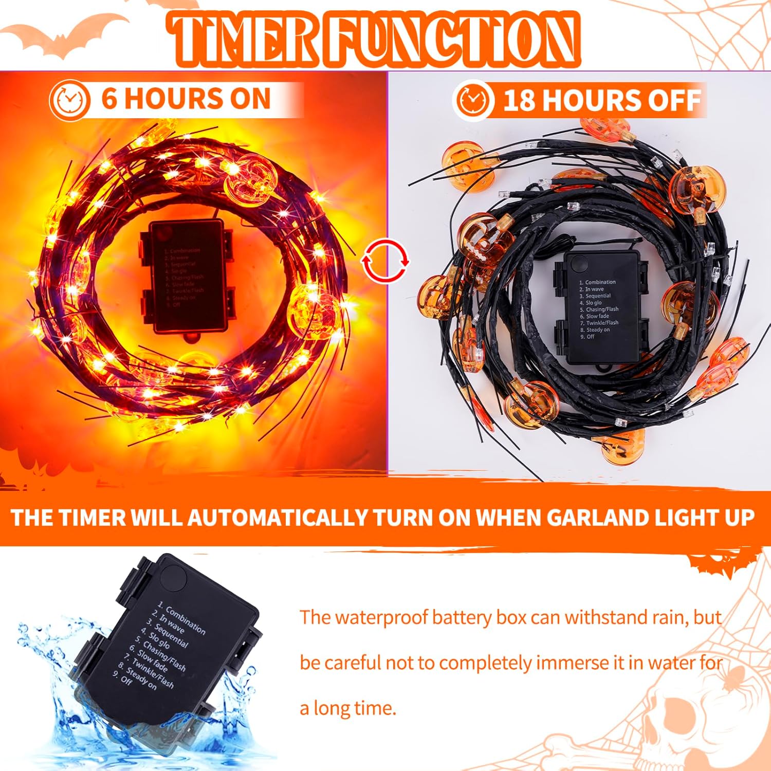 Guirnalda de Halloween de 6 pies con 54 luces LED con luces de sauce y vid de calabaza con temporizador, 8 modos, impermeable, naranja, luces de