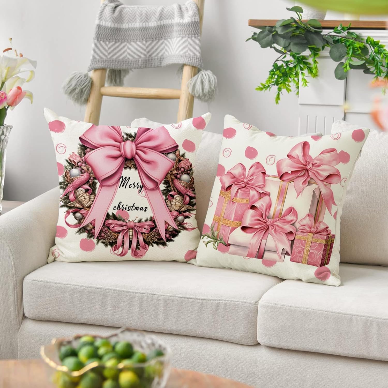 MOJUN Juego de 4 fundas de almohada navideñas de 18 x 18 pulgadas, muñeco de nieve rosa, Papá Noel, corona de Navidad, fundas decorativas para el