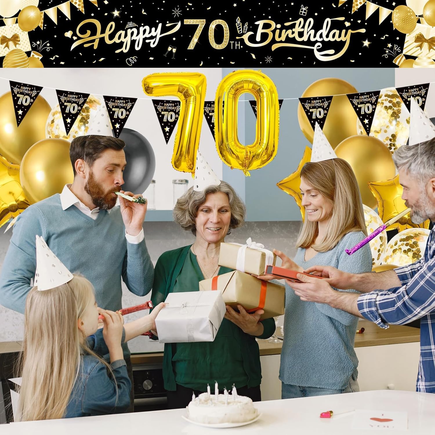 Cartel grande de decoración de cumpleaños 70 de 9.8 x 1.6 pies, juego de decoración de fiesta de feliz cumpleaños negro y dorado, telón de fondo de