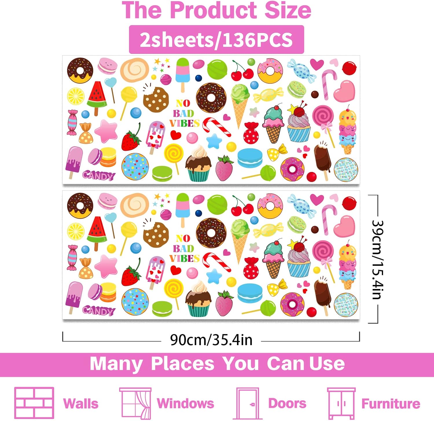 136 calcomanías de pared de donas de helado de colores, calcomanías de vinilo removibles para decoración de postres, panadería, pastelería, cocina,
