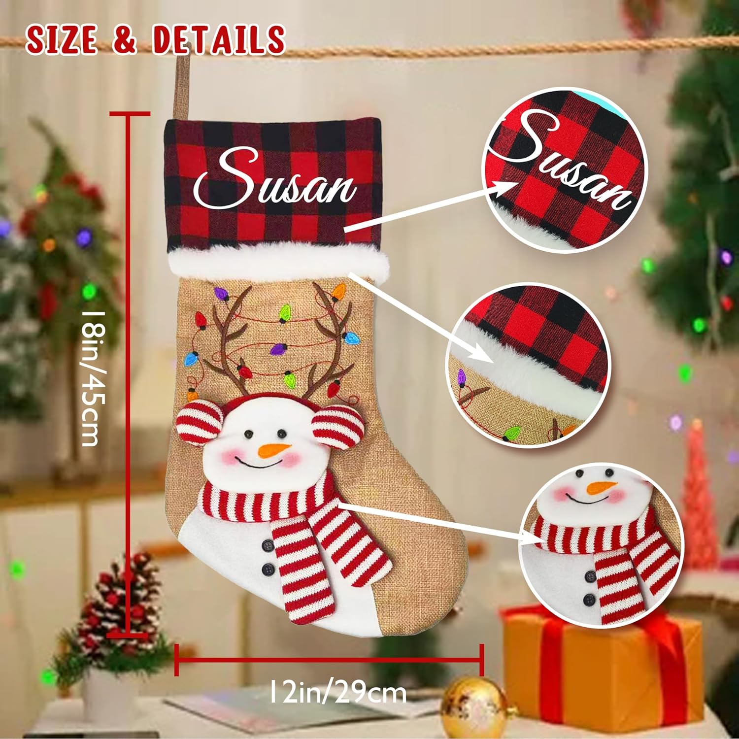 Medias de Navidad familiares personalizadas, medias de Navidad personalizadas con nombre, arpillera a cuadros de Navidad 3D muñeco de