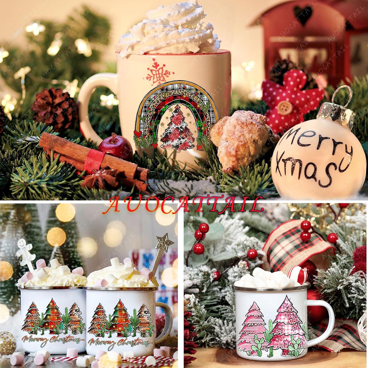 AUOCATTAIL Adhesivos de transferencia de Navidad 3D UV DTF, 6 hojas de árbol de Navidad, corona de Navidad, calcomanías de transferencia de copa de
