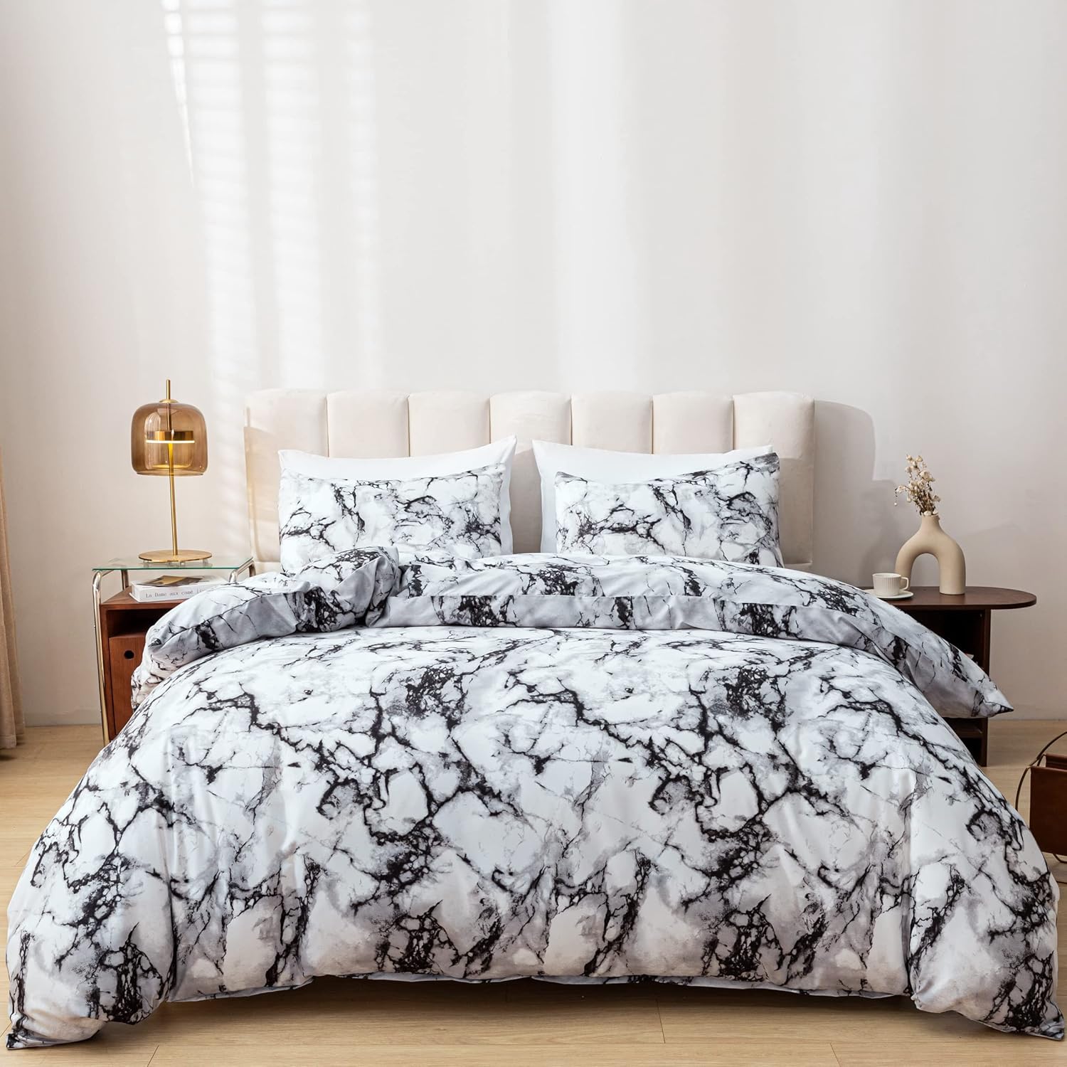 Smoofy Queen Marble White Comforter Set, White Marble Pattern Printed Soft Fabric with Brushed Microfiber Full Bed Sheets Fill Bedding Sets(1
