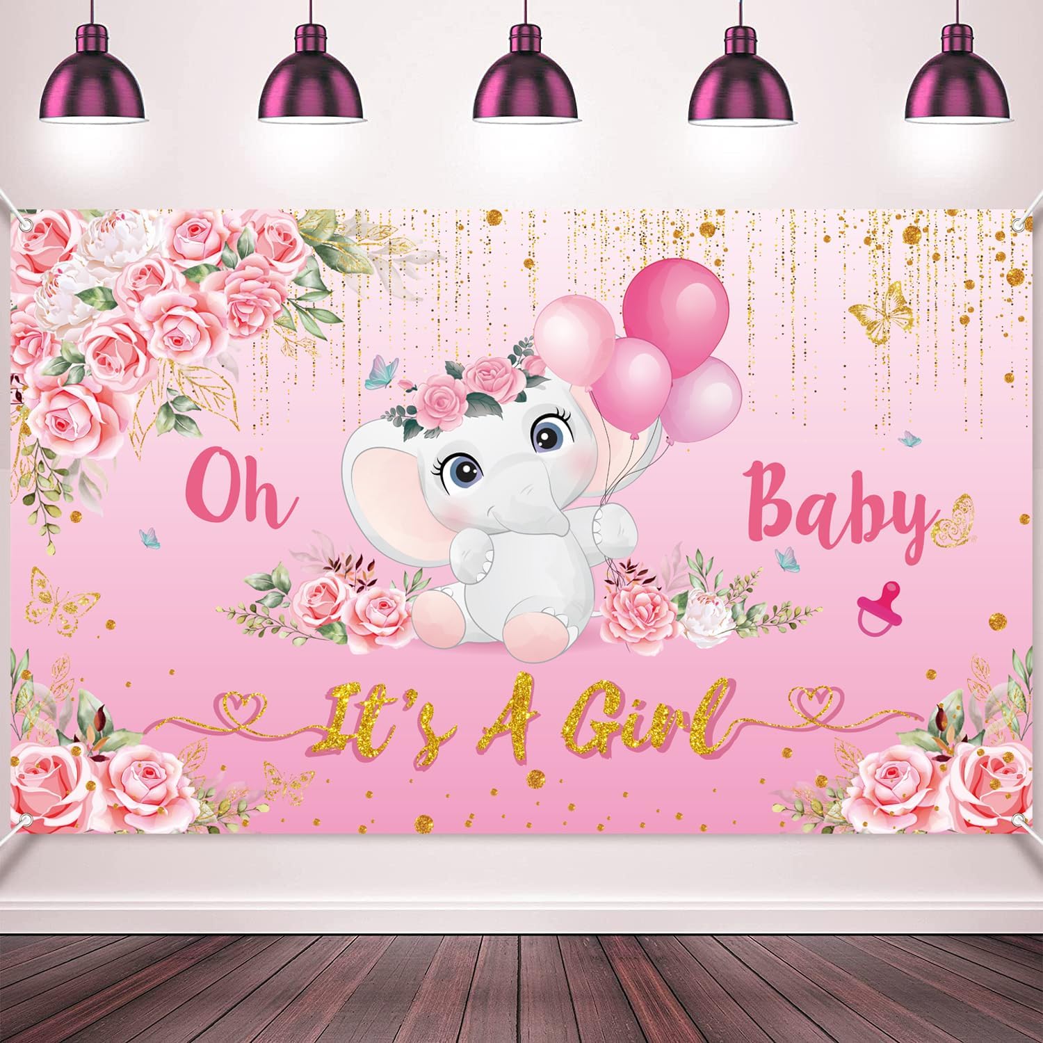 Cartel de fondo de baby shower para niña, decoraciones de baby shower para niña, pancarta de “It’s A Girl”, decoraciones de elefante para baby