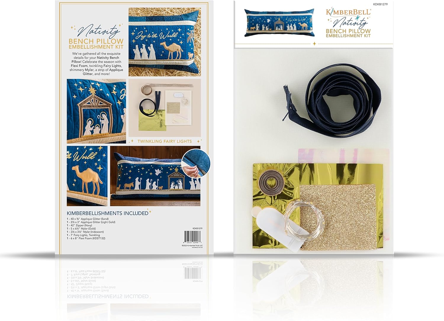 Kimberbell Kit de adornos de Belén – Kit de adornos para manualidades, juego de 7 piezas con apliques de purpurina, luces de hadas y cremallera,