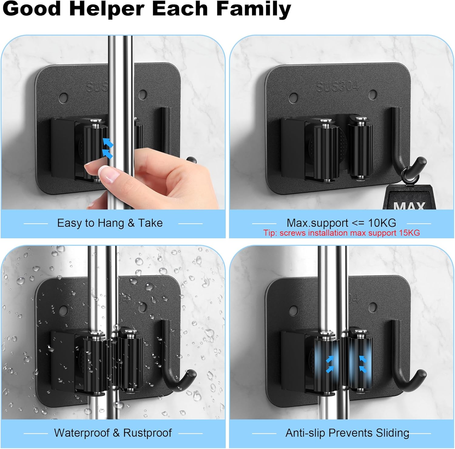 4 Pack Broom Holder Wall Mount Stainless Steel Mop Hanger – Home Laundry Room, Kitchen, Closet, Garage Organization and Storage Heavy Duty Utility
