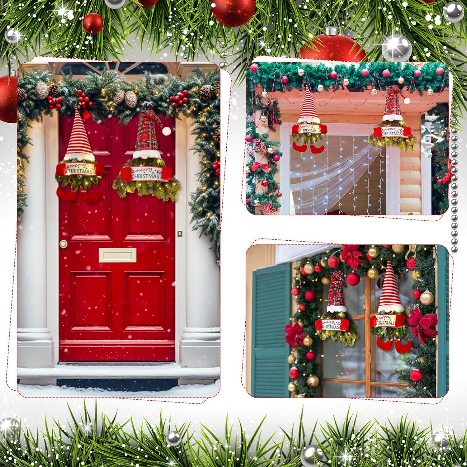 2 piezas de corona de Navidad de 30 pulgadas para puerta delantera, corona de Navidad con luz de pino artificial de abeto colgante, gnomo de Papá