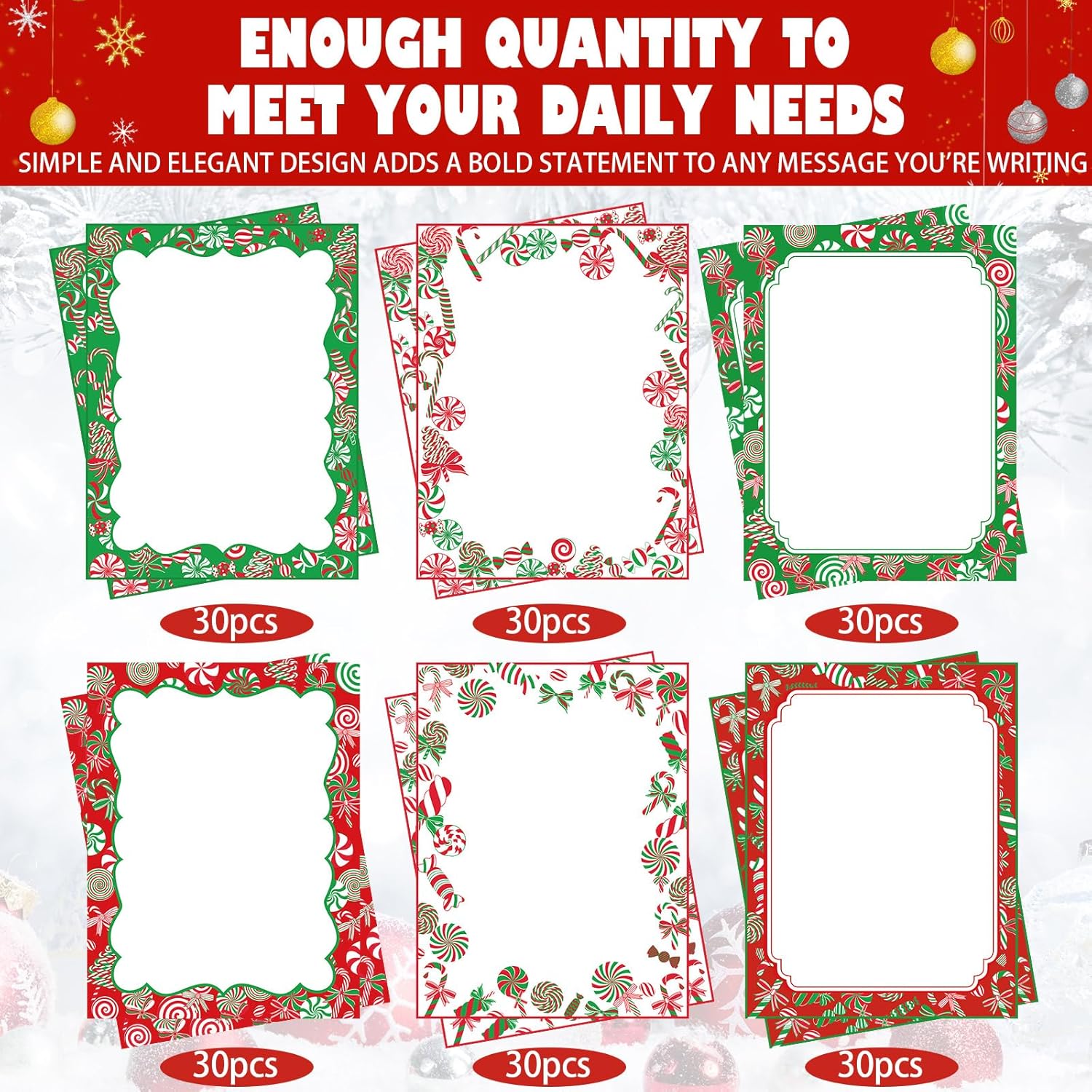 180 hojas de papel de papelería de Navidad, bastones de caramelo, papel de papelería, papel de carta navideña para notas, tarjetas de felicitación