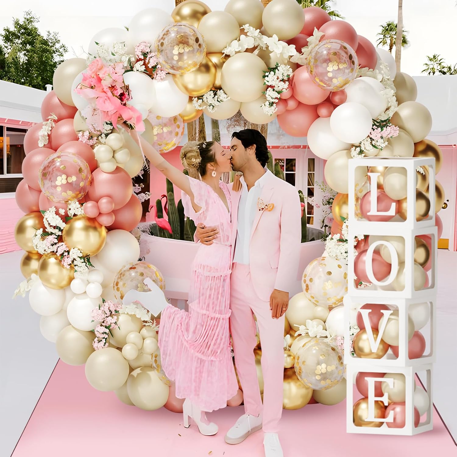 Decoraciones de baby shower para niña, kit de arco de globos retro rosa, blanco y dorado, 4 cajas con letras para baby shower, decoraciones de feliz