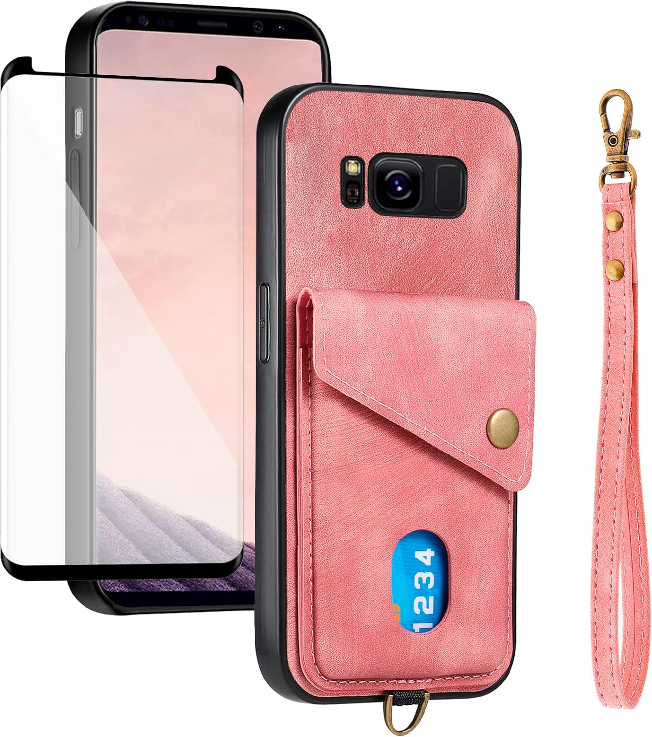 Asuwish Funda para teléfono Samsung Galaxy S8 Plus con protector de pantalla de vidrio templado y correa para la muñeca, soporte para tarjeta de