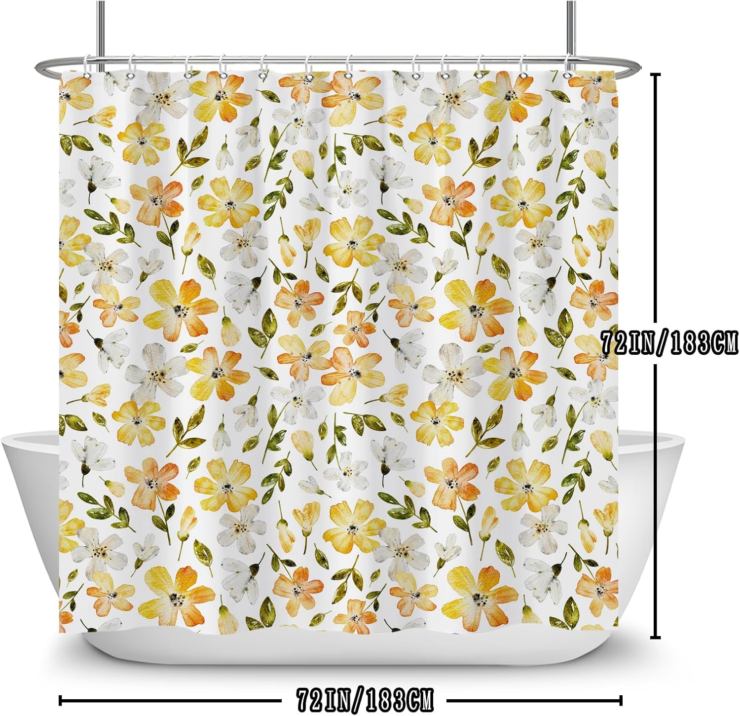 Cortina de ducha con flores amarillas, juego de cortina de ducha floral amarilla para baño, cortina de baño de tela de jardín bohemio con ganchos,