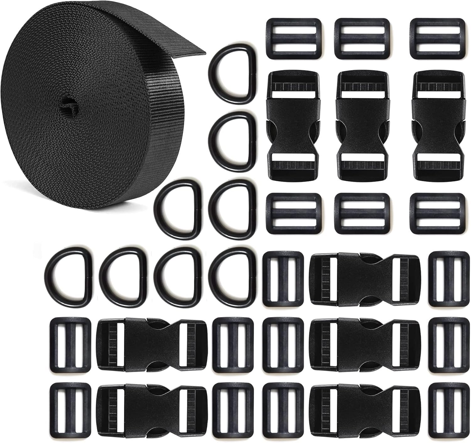 Buckles Strap 1 Inch Nylon Webbing Straps 10 Yards, Quick Side Release Plastic Buckle Dual Adjustable 8 Pack, Tri-Glide Slide Clip 16 PCS, Metal D