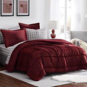 MAIREVE – Juego de edredón de lujo de tamaño matrimonial, juego de ropa de cama de franela de 7 piezas de color rojo burdeos, edredones de felpa MAIREVE – Juego de edredón de lujo de tamaño matrimonial, juego de ropa de cama de franela de 7 piezas de color rojo burdeos, edredones de felpa