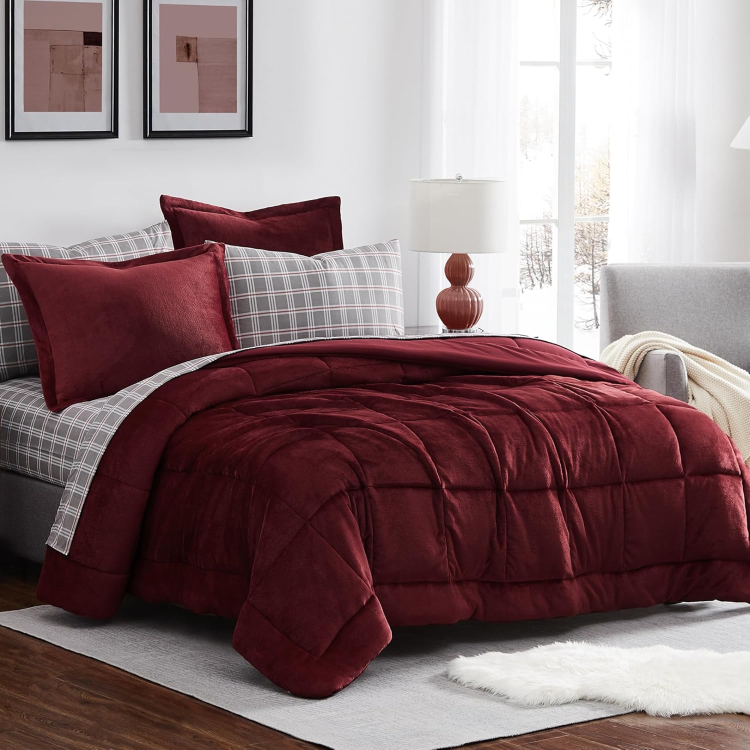 MAIREVE – Juego de edredón de lujo de tamaño matrimonial, juego de ropa de cama de franela de 7 piezas de color rojo burdeos, edredones de felpa