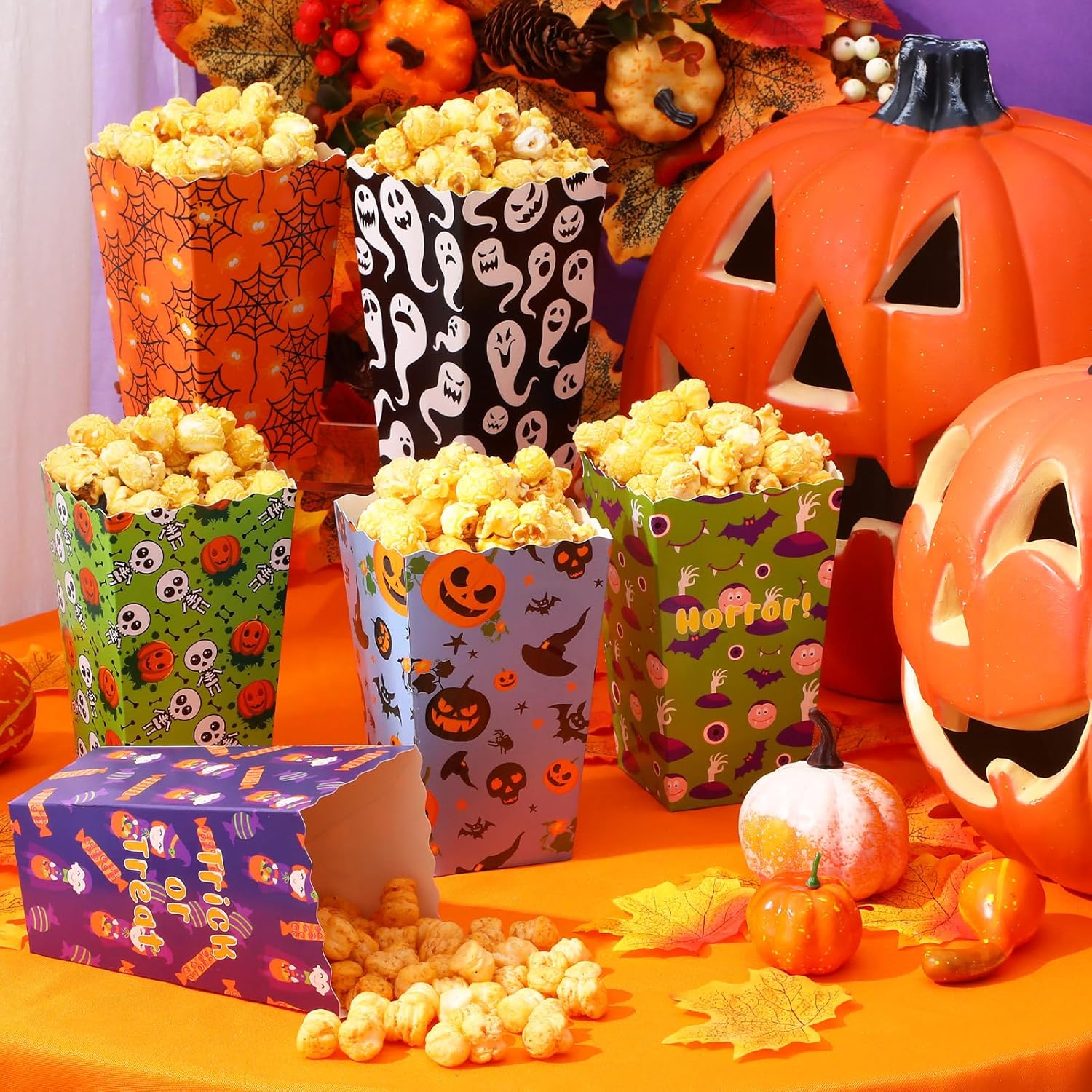 24 cajas de regalo de palomitas de maíz para fiestas temáticas de Halloween en 6 diseños, caja de golosinas para dulce o truco, contenedor de