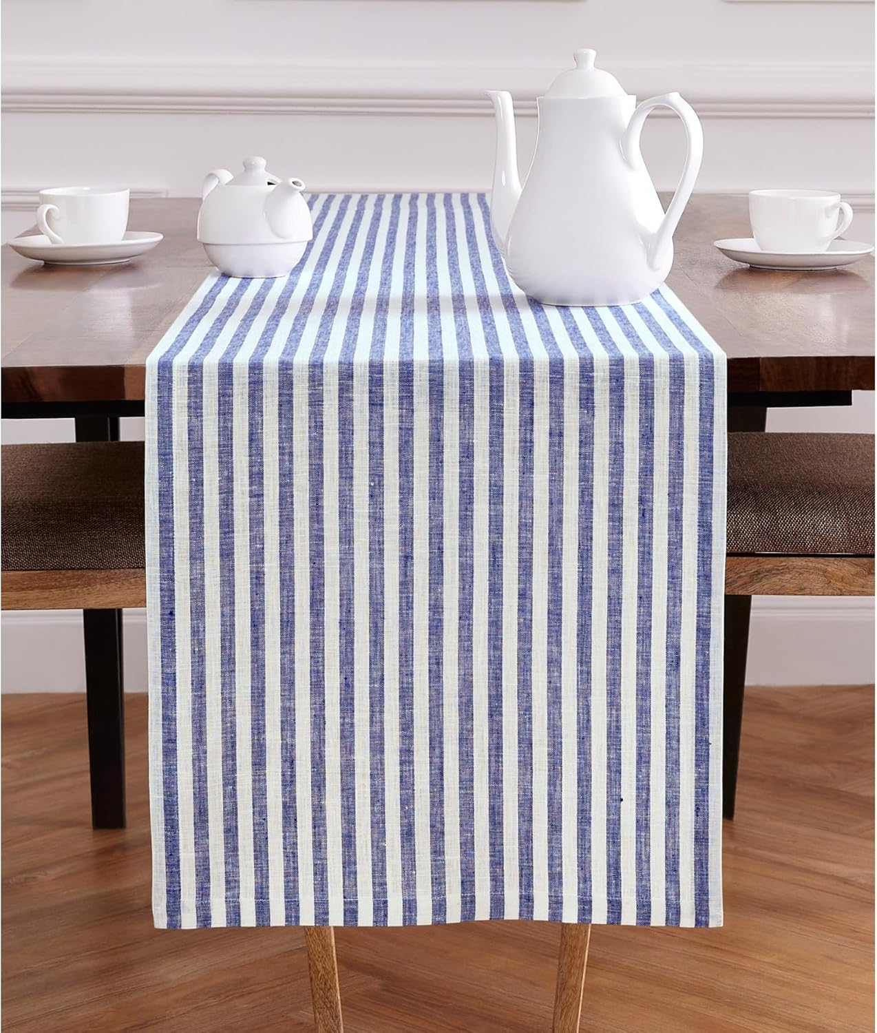 Solino Home Camino de mesa de lino a rayas de 90 pulgadas de largo, 100% lino puro de 16 x 90 pulgadas, rayas Amalfi azul marino y blanco, camino de