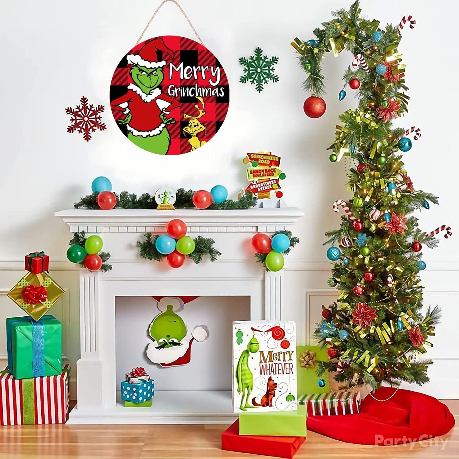 Corona de Navidad, corona de Feliz Grinchmas para puerta delantera, decoraciones de Navidad, letreros de puerta de madera, decoración del hogar para