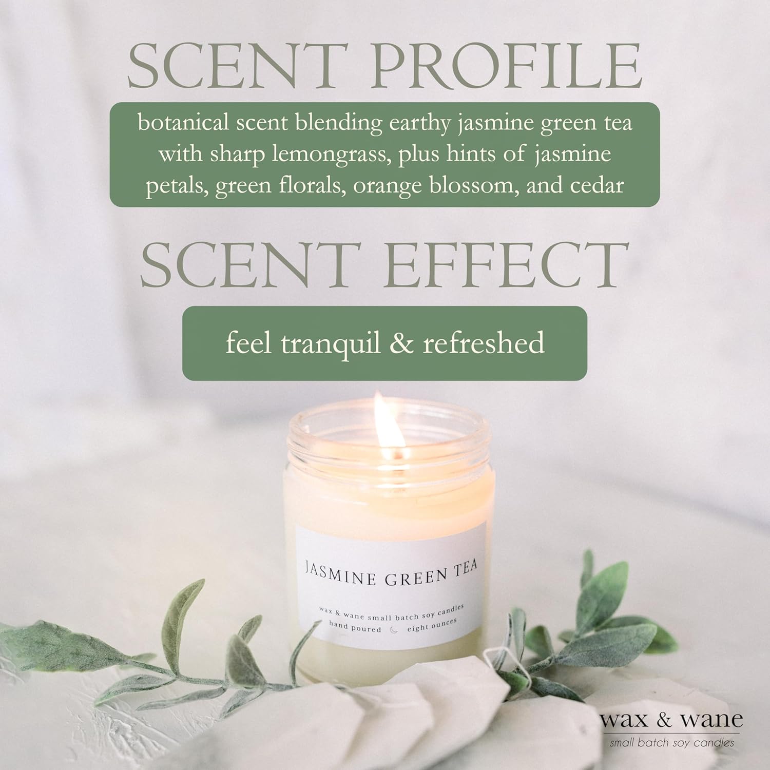 Wax & Wane Jasmine Green Tea Modern 8oz Handmade Candle For Men and Women – Long Burning 40+ Hours Candles For Home, Bedroom, and Bathroom – 100%