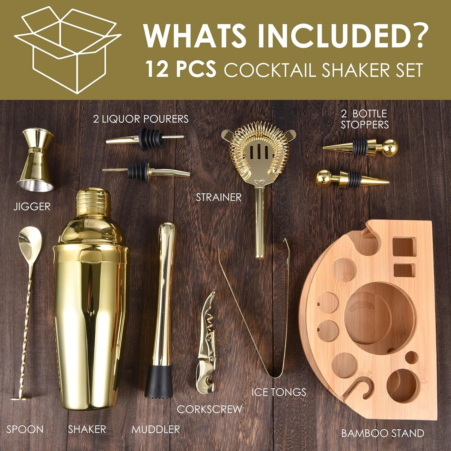 Kit de camarero con elegante soporte de bambú, juego de coctelera de 12 piezas de 25 onzas para bebidas mixtas, juego de herramientas profesionales