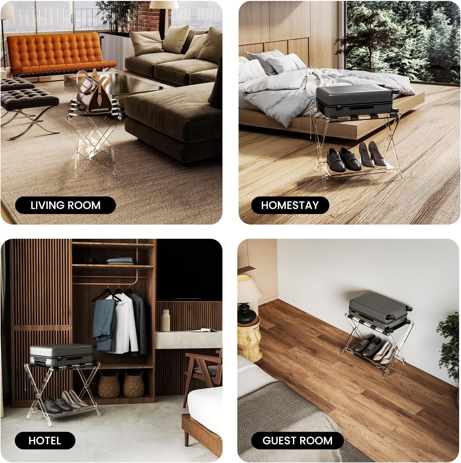 Sumerflos Portaequipajes de acrílico para habitación de invitados, soporte plegable transparente de lujo con estante de almacenamiento acrílico y