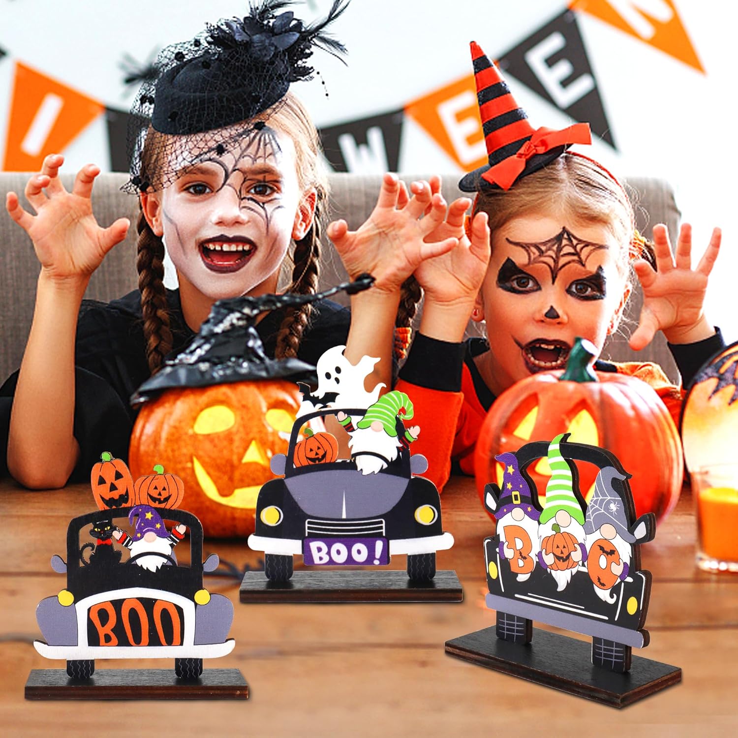 Letrero de mesa de madera de Halloween, centros de mesa de Halloween, calabaza, fantasma, murciélago, madera, decoración de coche, 3 piezas