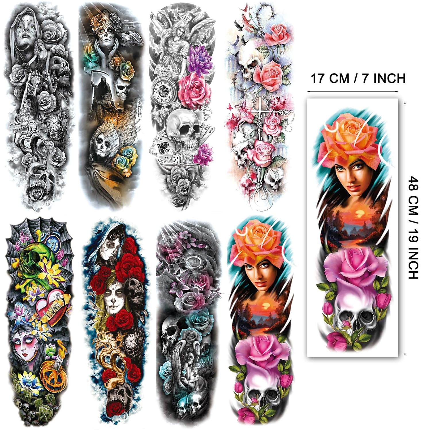 12 hojas PadOUN grandes flores cráneo temporal tatuaje manga para mujeres, 8 hojas realistas brazo completo tatuajes manga y 4 hojas medio brazo