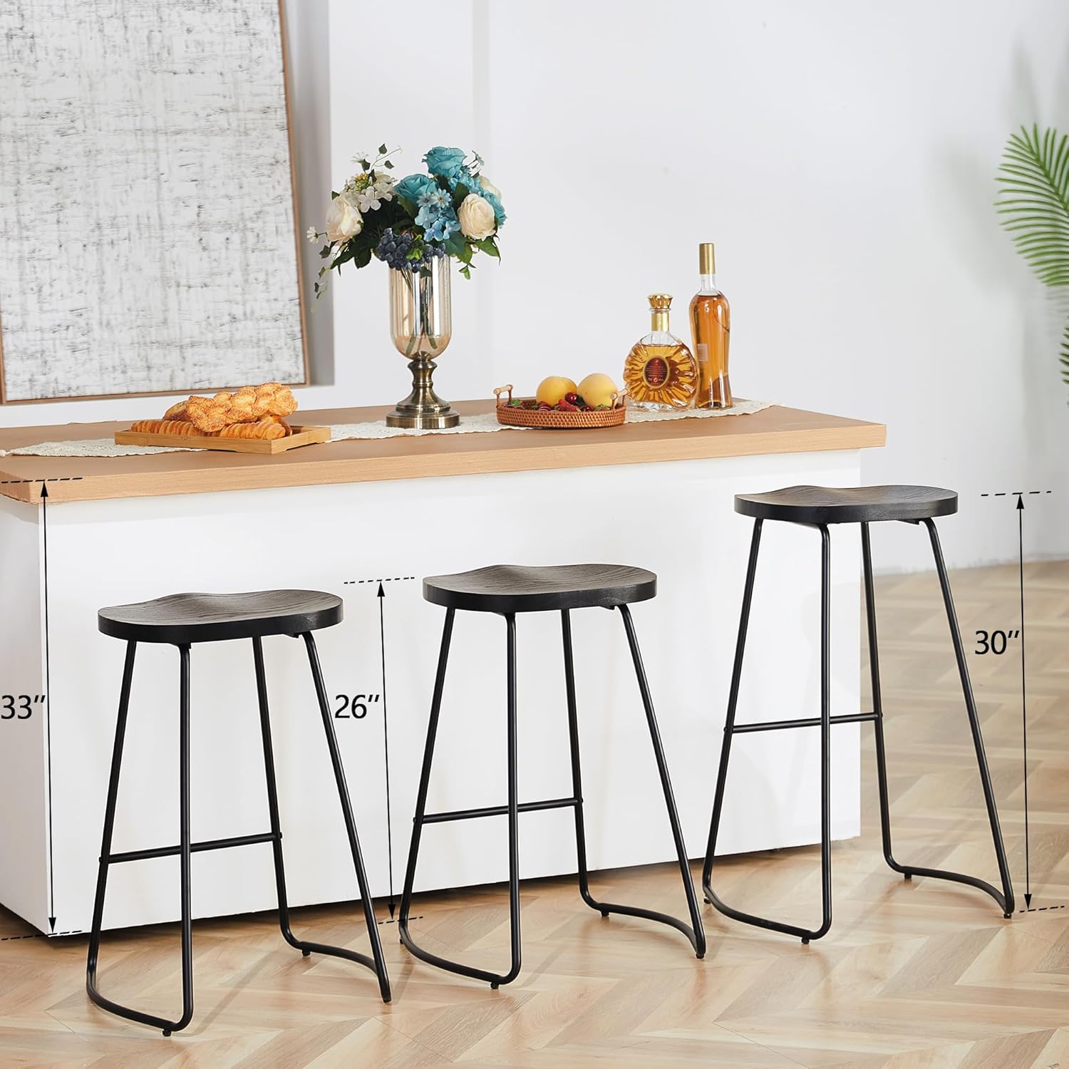 HeuGah Juego de 3 taburetes de bar, taburetes de bar con asiento de silla de montar, taburete de bar sin respaldo de 26 pulgadas para isla de
