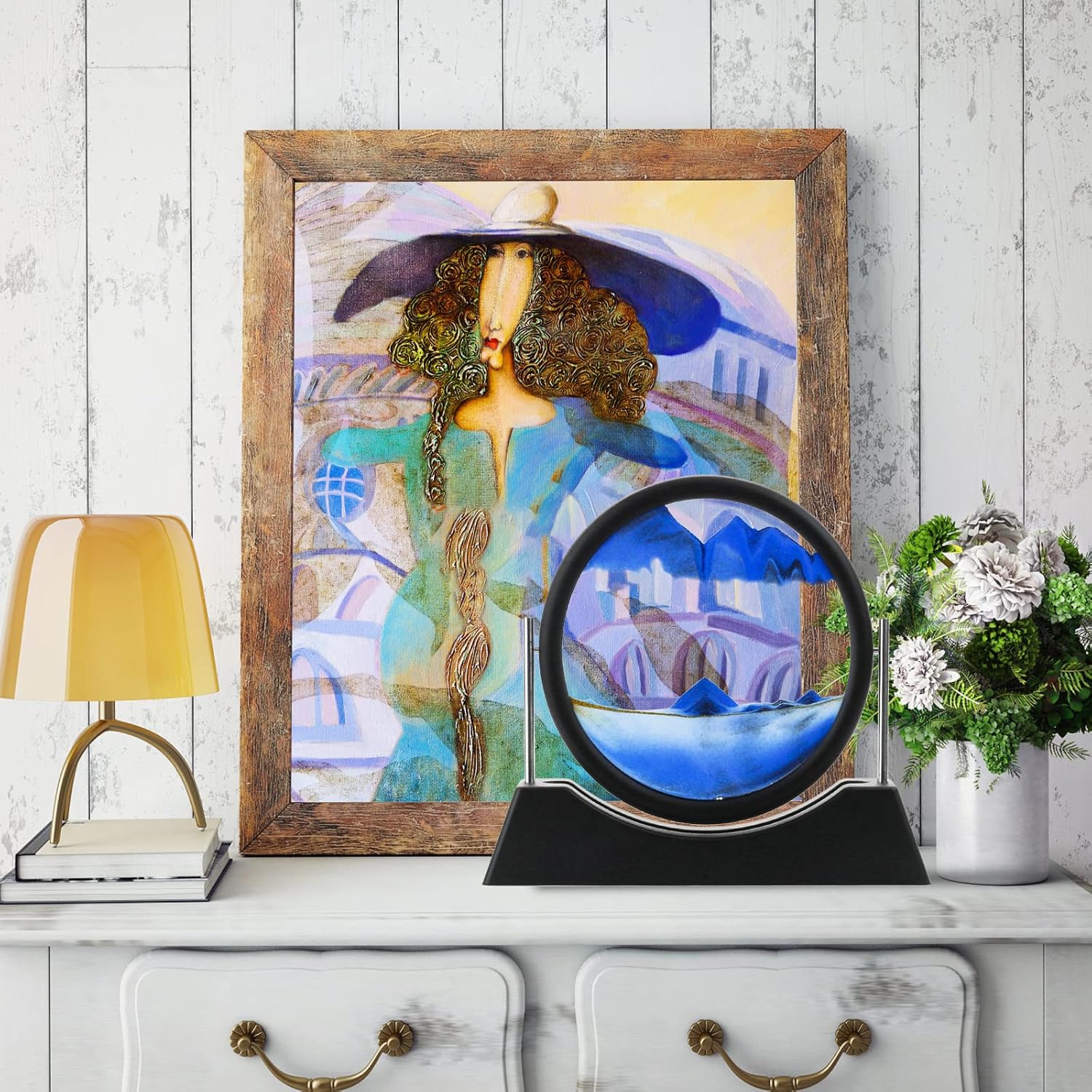 Liangding Moving Sand Art Liquid Motion,3D Flow Sand Painting Quicksand Decor,Stress Relief Moving Sand Art Picture with Round Glass for Office Home