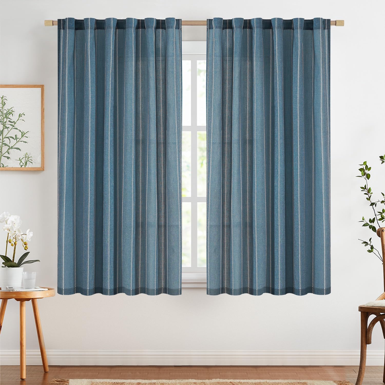 jinchan Cortinas de lino de 63 pulgadas de largo, cortinas azules a rayas para sala de estar, casa de campo francés, cortinas filtrantes de luz con