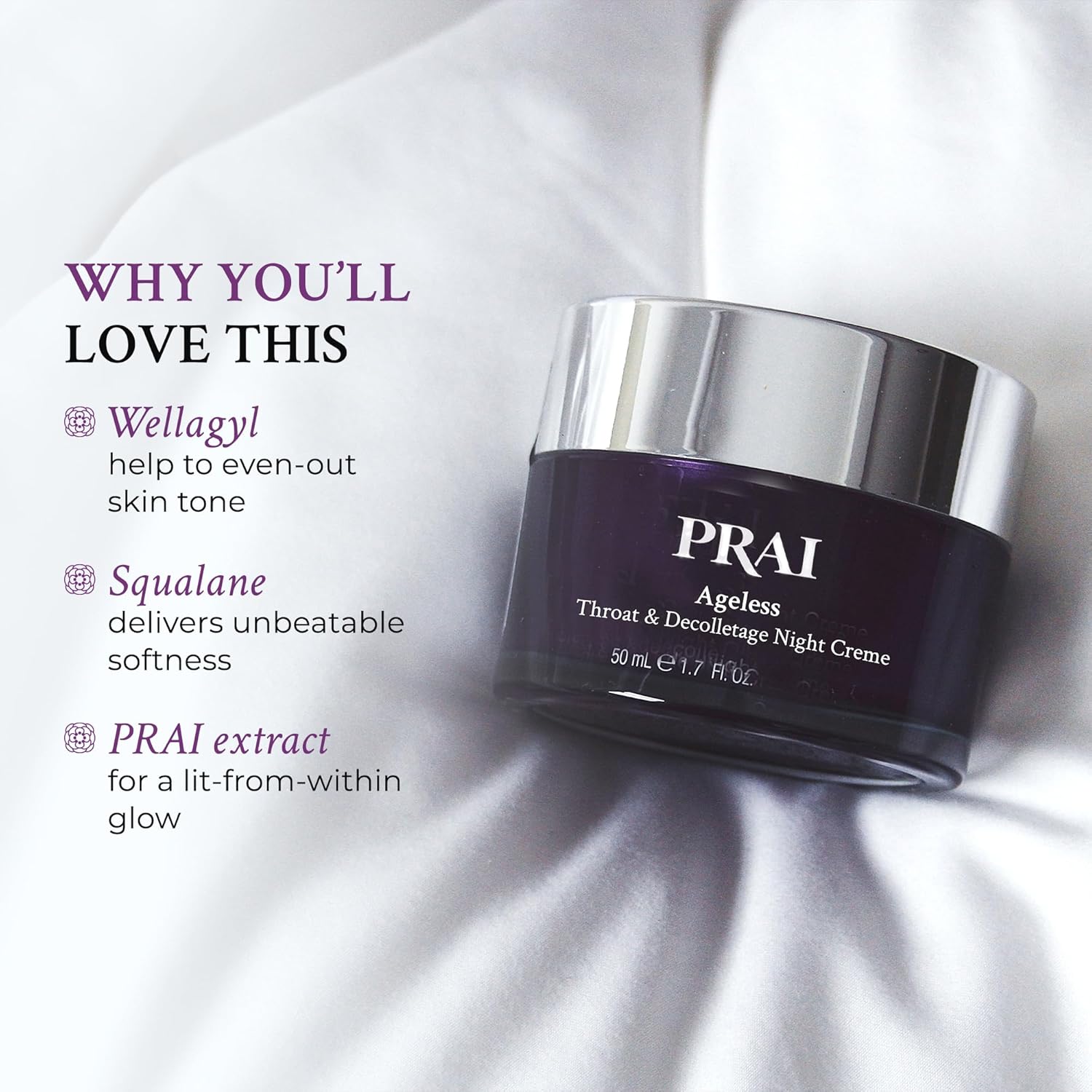 PRAI Beauty Ageless – Crema de noche para garganta y escote  Crema reafirmante para el cuello para uso durante la noche  Crema tensora de cuello sin