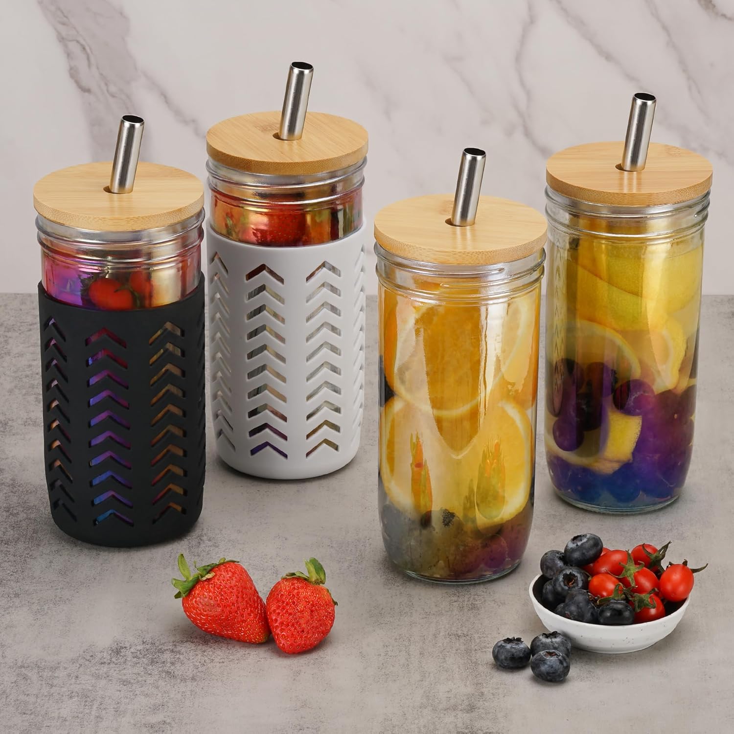 Elma Home Vasos de vidrio con tapas y pajitas, vasos de bambú reutilizables, tarro Mason de 24 onzas, paquete de 4, juego de boca ancha, vaso de