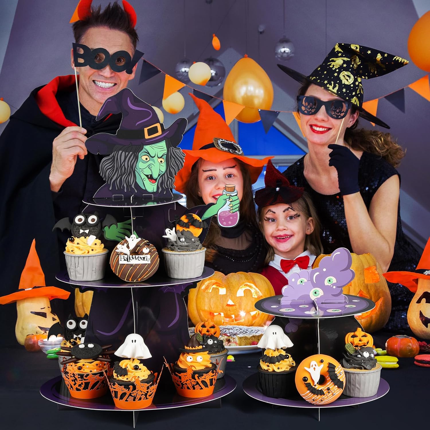 Soporte para cupcakes de Halloween para 24 cupcakes de bruja y veneno, decoraciones de cupcakes de Halloween, de cartón, juego de 3 niveles y 2