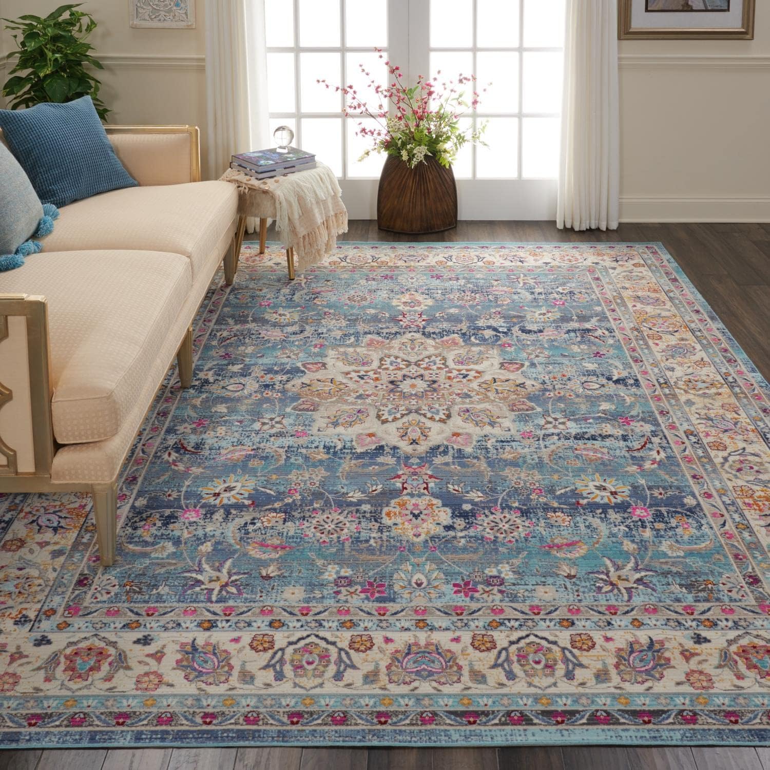 Nourison Vintage Kashan – Alfombra tradicional azul de 7 pies 10 pulgadas x 9 pies 10 pulgadas, fácil de limpiar, no se desprende, para dormitorio,