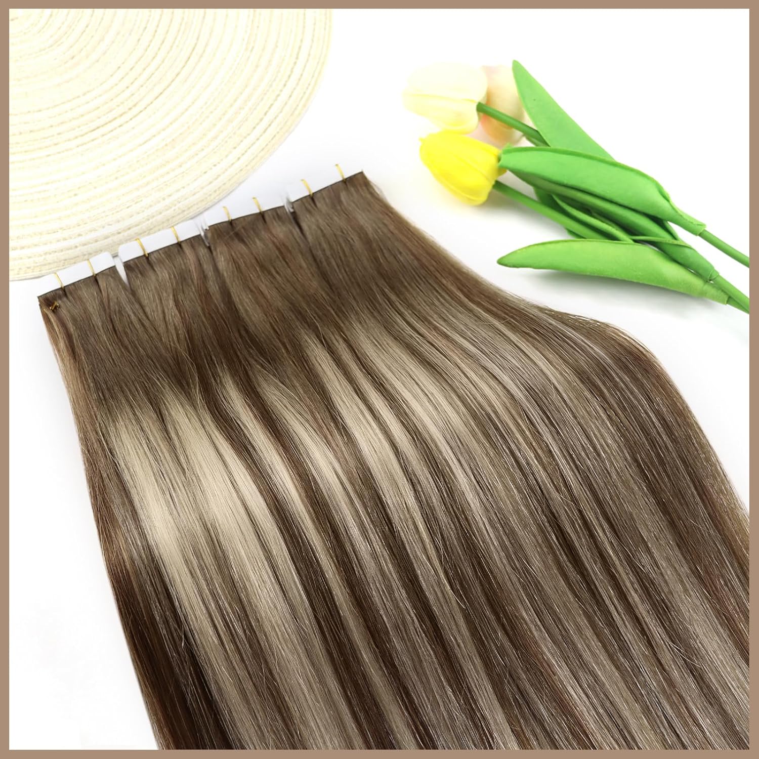 Ve Sunny Extensiones de cabello humano con cinta adhesiva, balayage, color marrón medio, rubio platino y marrón, extensiones de cabello con cinta