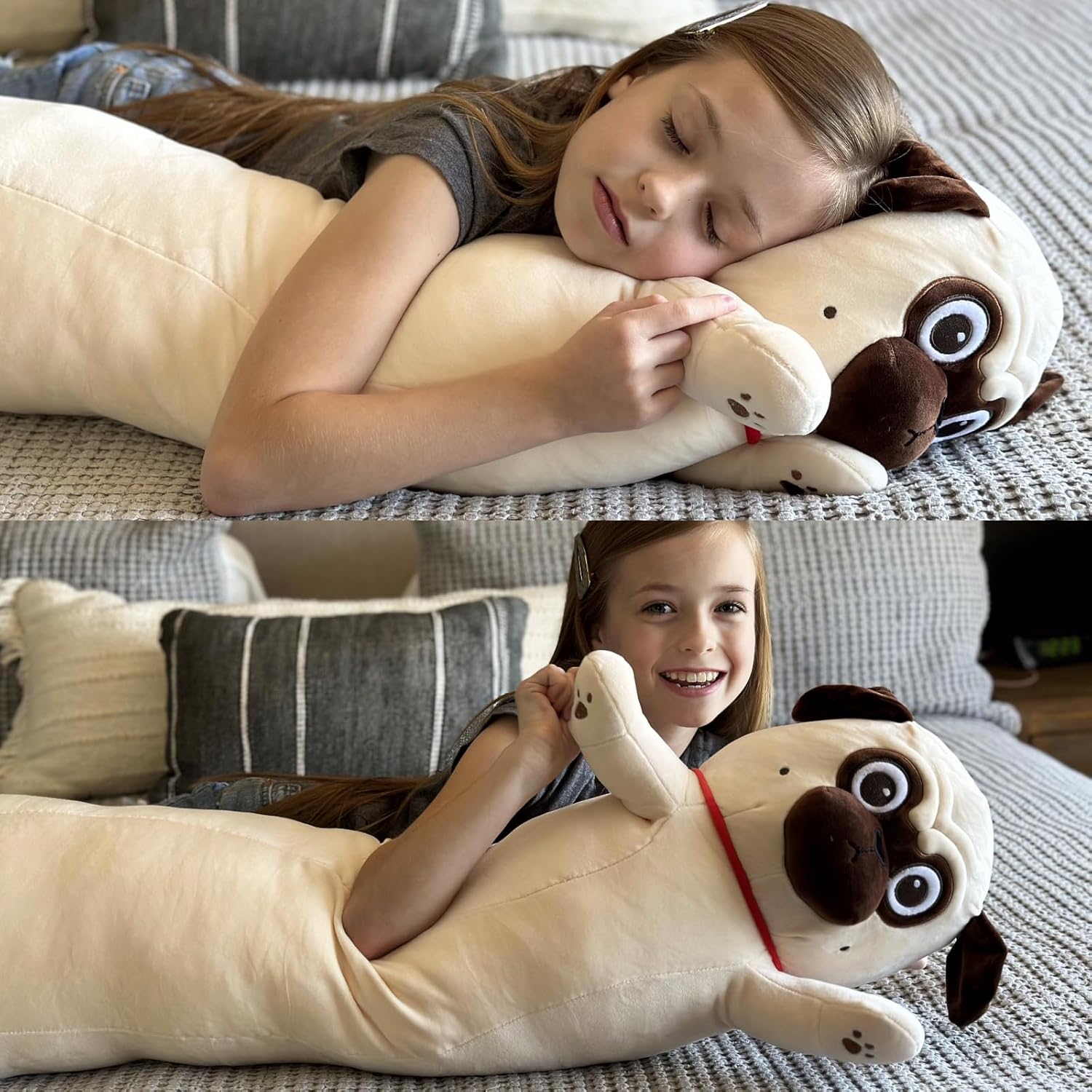 Karister Peluche de perro carlino gigante para niños de 43 pulgadas de largo, almohada corporal de felpa para cachorro, lindo regalo para amantes de