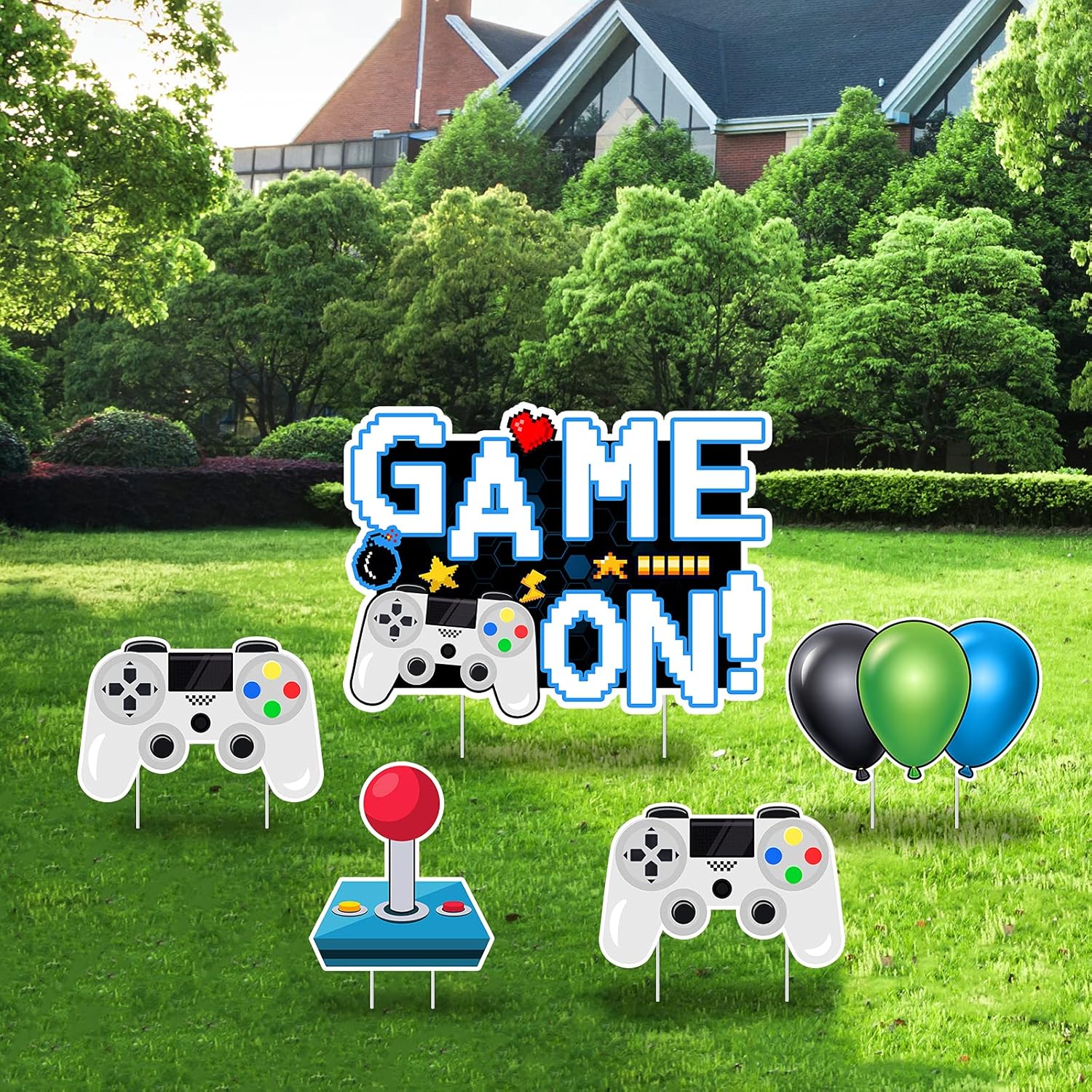 Letreros de juego en video juego con estacas – Incluye palo de control remoto de juego y letreros de globo – Señales y estacas resistentes a la