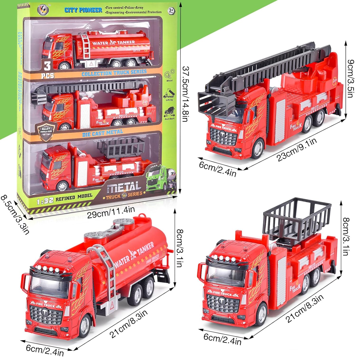 Lorfancy Paquete de 3 camiones de bomberos de juguete para niños pequeños de 3, 4, 5, 6 años de edad, para niños, modelo de metal, camiones de