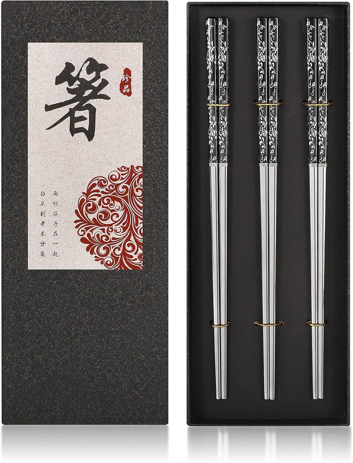 Palillos de acero inoxidable, reutilizables, chapados en titanio, juego de regalo japonés de primera calidad, apto para lavavajillas (3 pares)