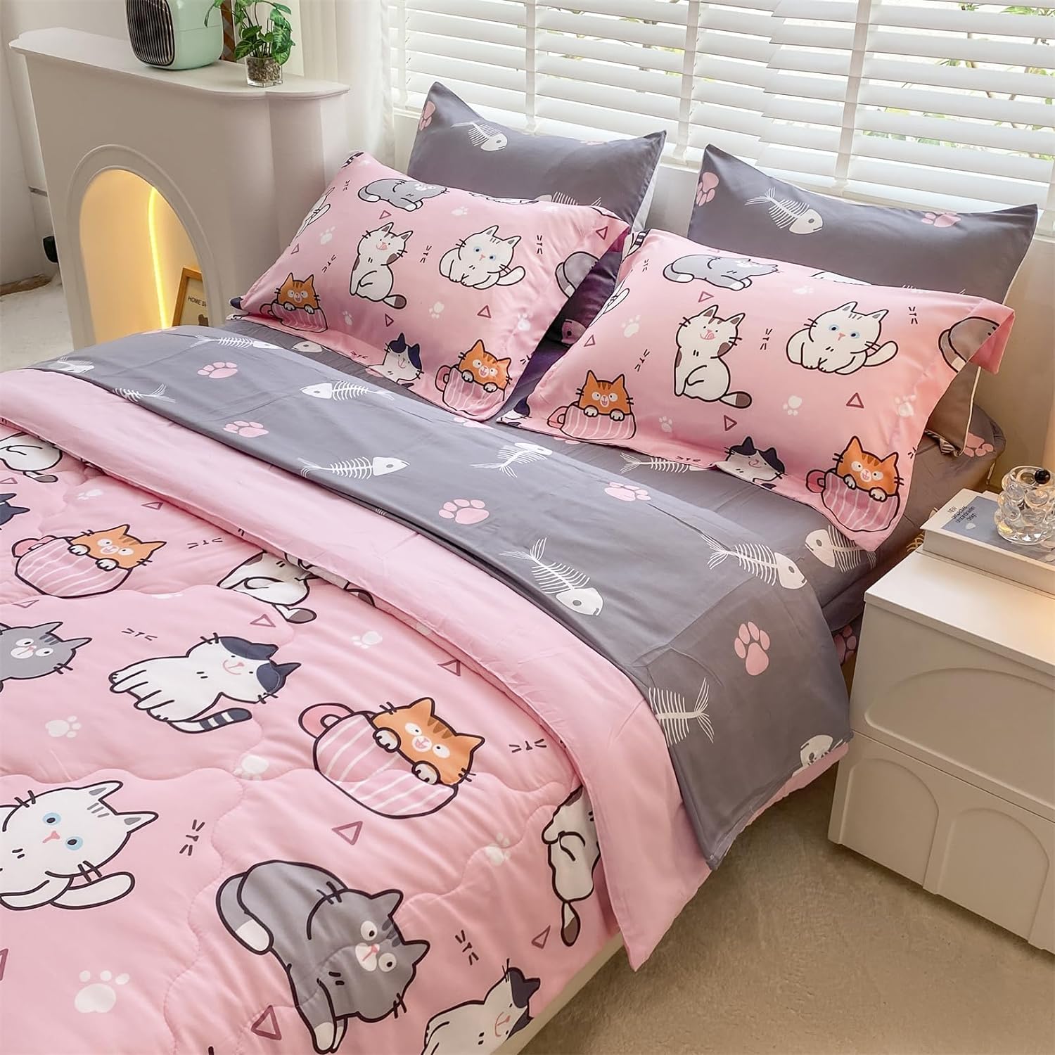 Juego de edredón de 7 piezas con diseño de gatos para niñas, tamaño matrimonial, ropa de cama en una bolsa, diseño de dibujos animados para niños y