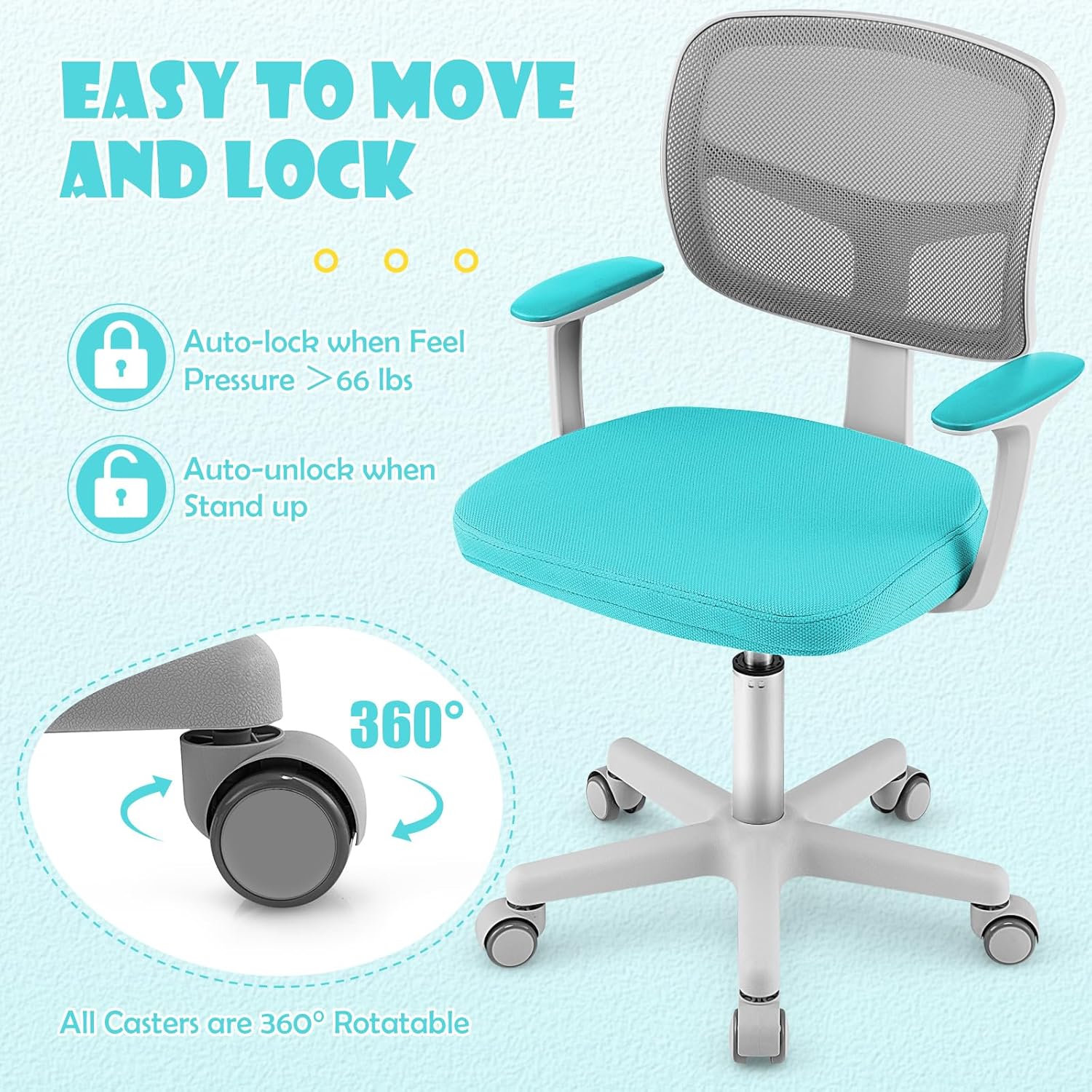 GLACER Silla de escritorio para niños con brazos, silla de estudio de malla ajustable de 330 libras con ruedas para niñas y niños, silla giratoria