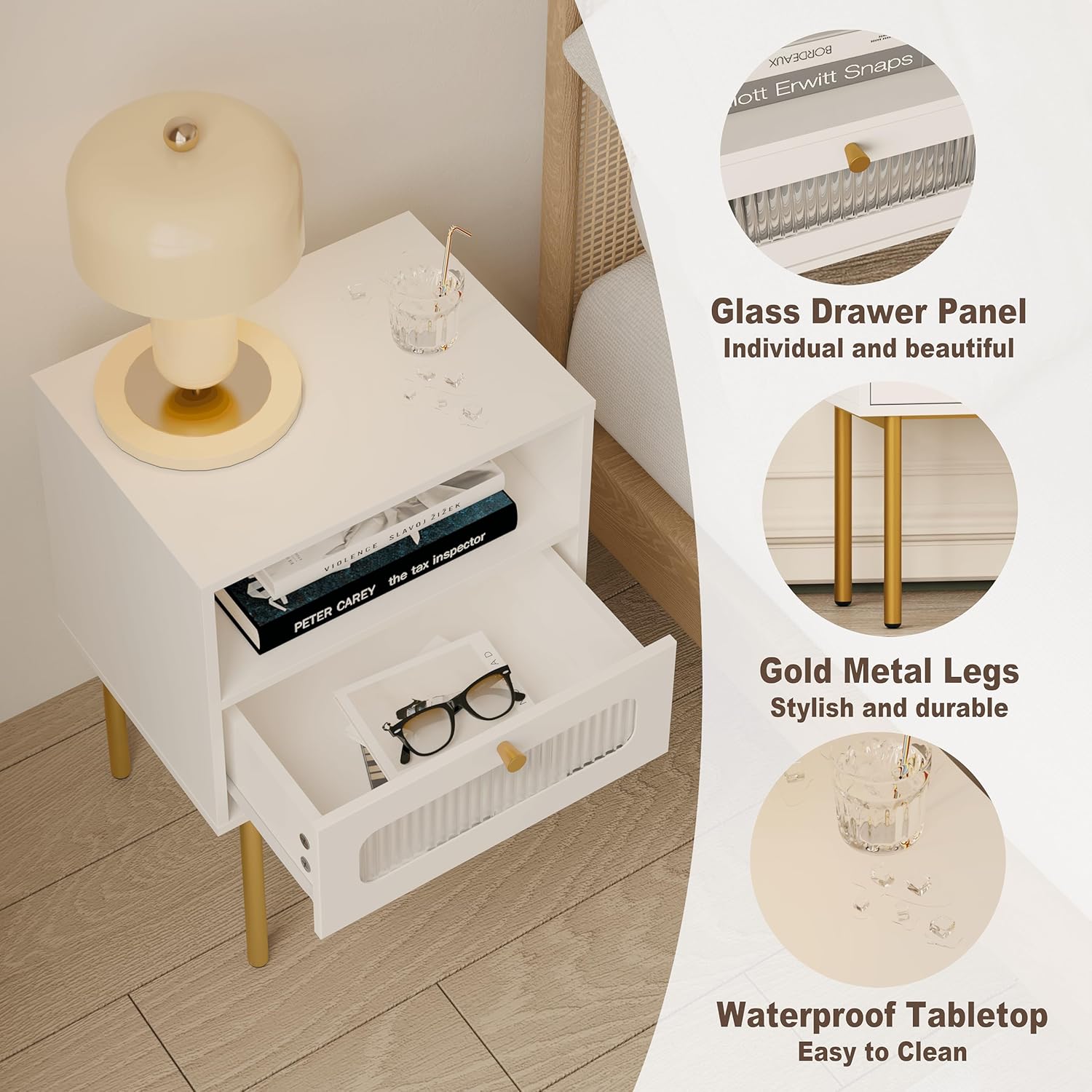 Mesita de noche, mesa auxiliar moderna blanca con cajón de almacenamiento y estante de madera abierto, mesa auxiliar pequeña con puerta decorativa
