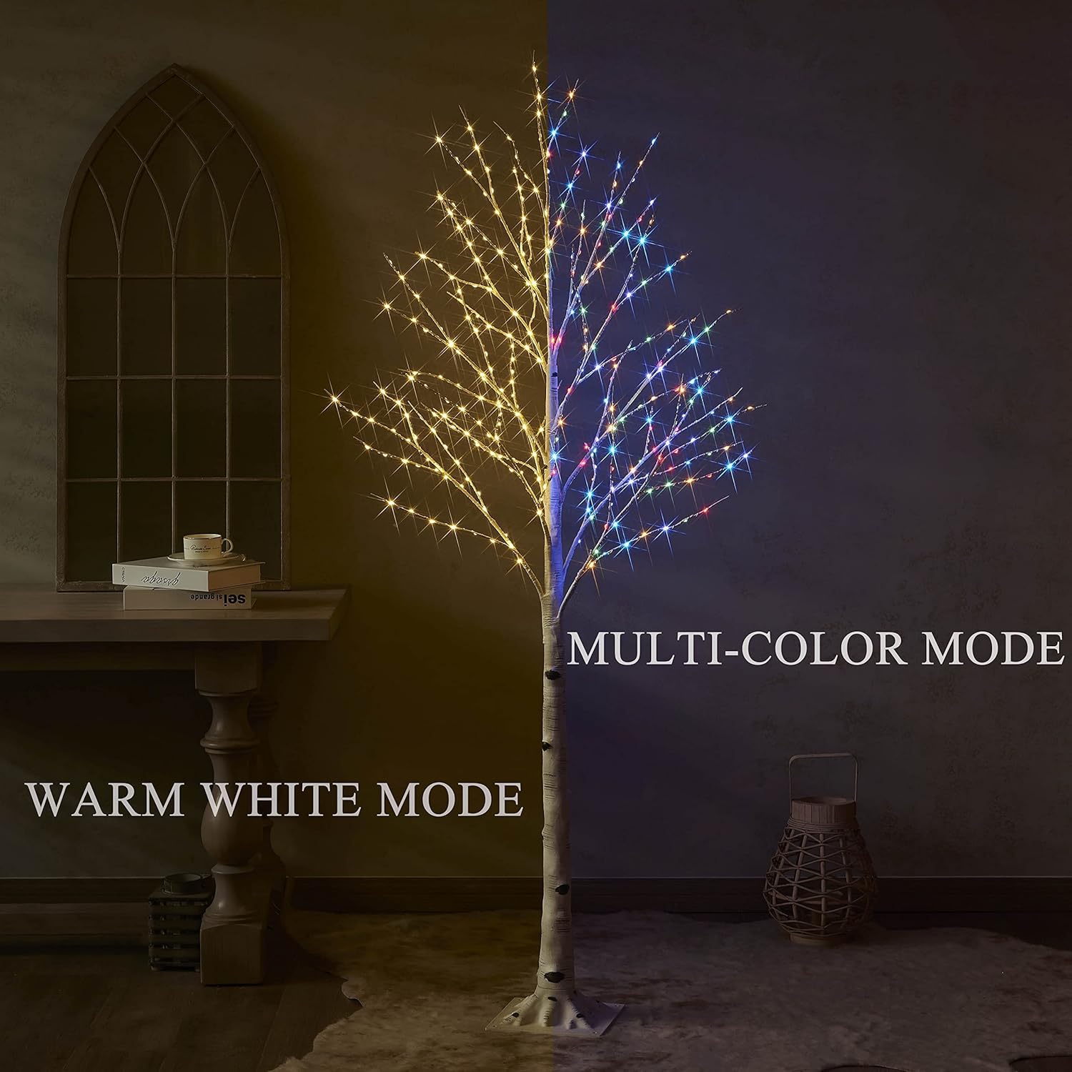 Hairui Árbol de abedul iluminado con luces de hadas de color blanco cálido y multicolor, 8 funciones, 6 pies, árbol sintético con luces para