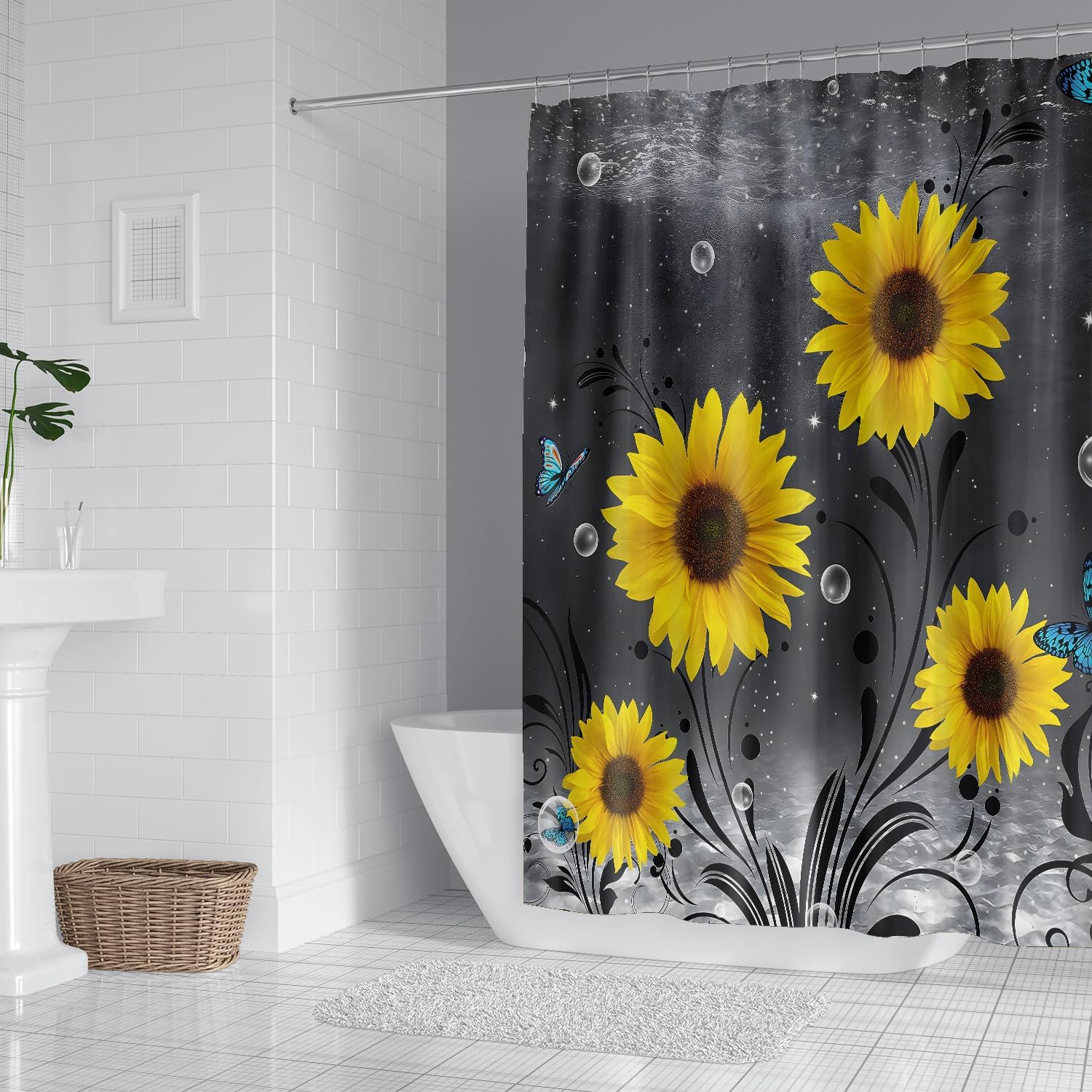 Yellow Sunflowers Bathroom Curtain Butterfly Flowers Shower Curtain Bathroom Decor Set with Hooks Waterproof Washable 72 x 72 inches-Grey Yellow