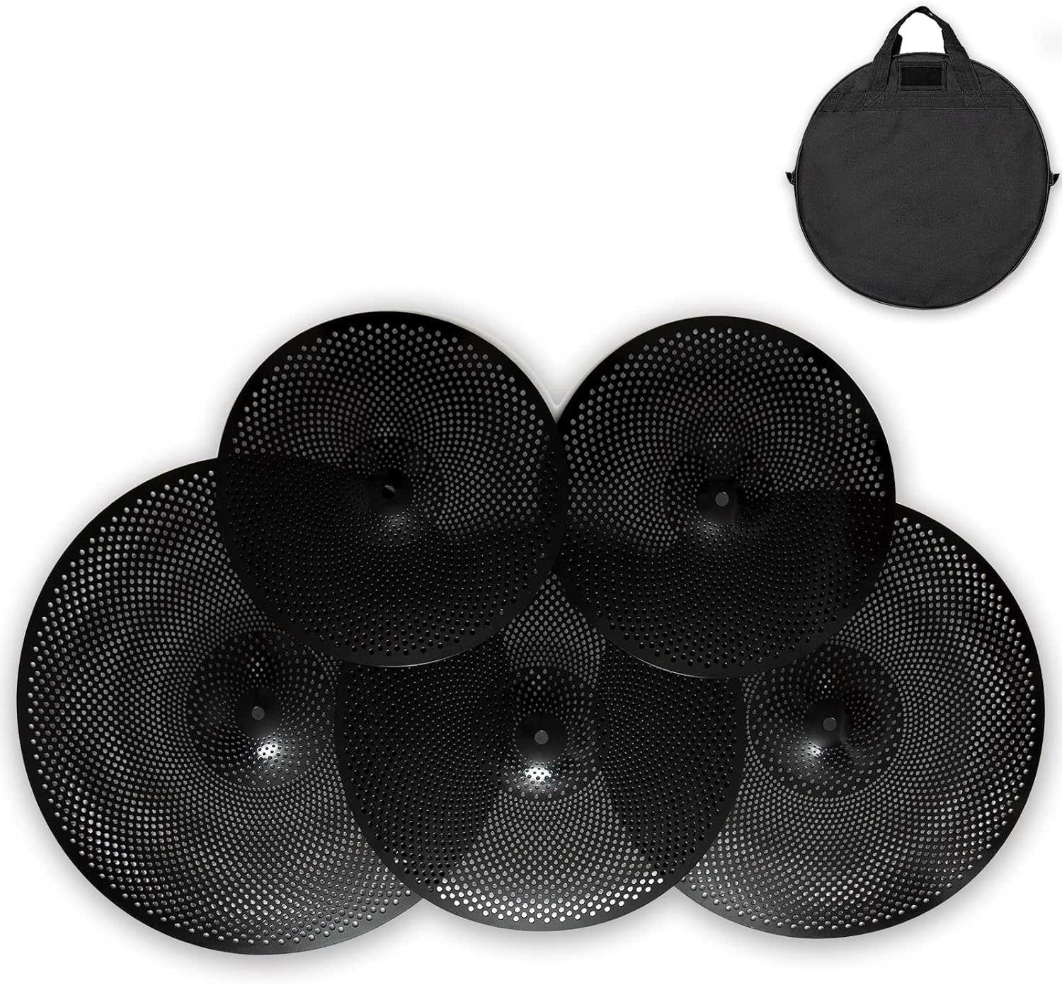 Paquete de platillos de bajo volumen, juego de platillos silenciosos de 14, 16, 18, 20 pulgadas (5 piezas, negro)  Bolsa de platillos incluida