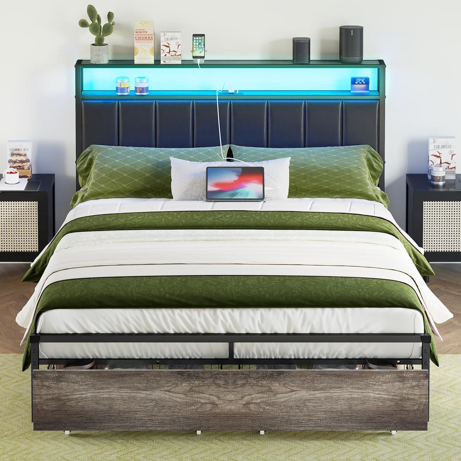 AMERLIFE Base de cama LED con cajones, base de cama de plataforma Queen con almacenamiento de 2 niveles y cabecera tapizada de cuero y estación de