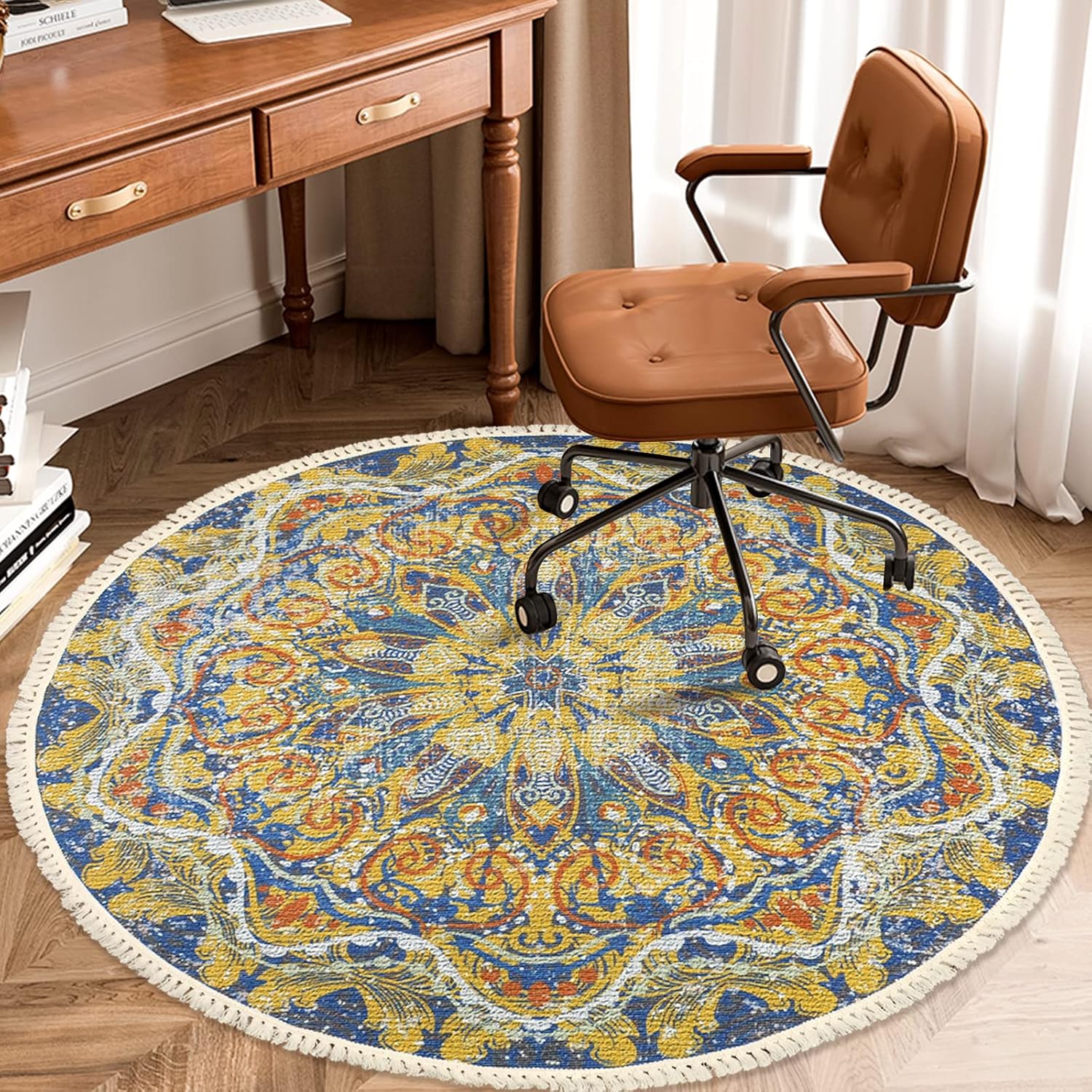 Lacomfy Alfombra bohemia redonda de 5 pies antideslizante para dormitorio, alfombra de casa de campo, con mandala, para sala de estar, vestuario,
