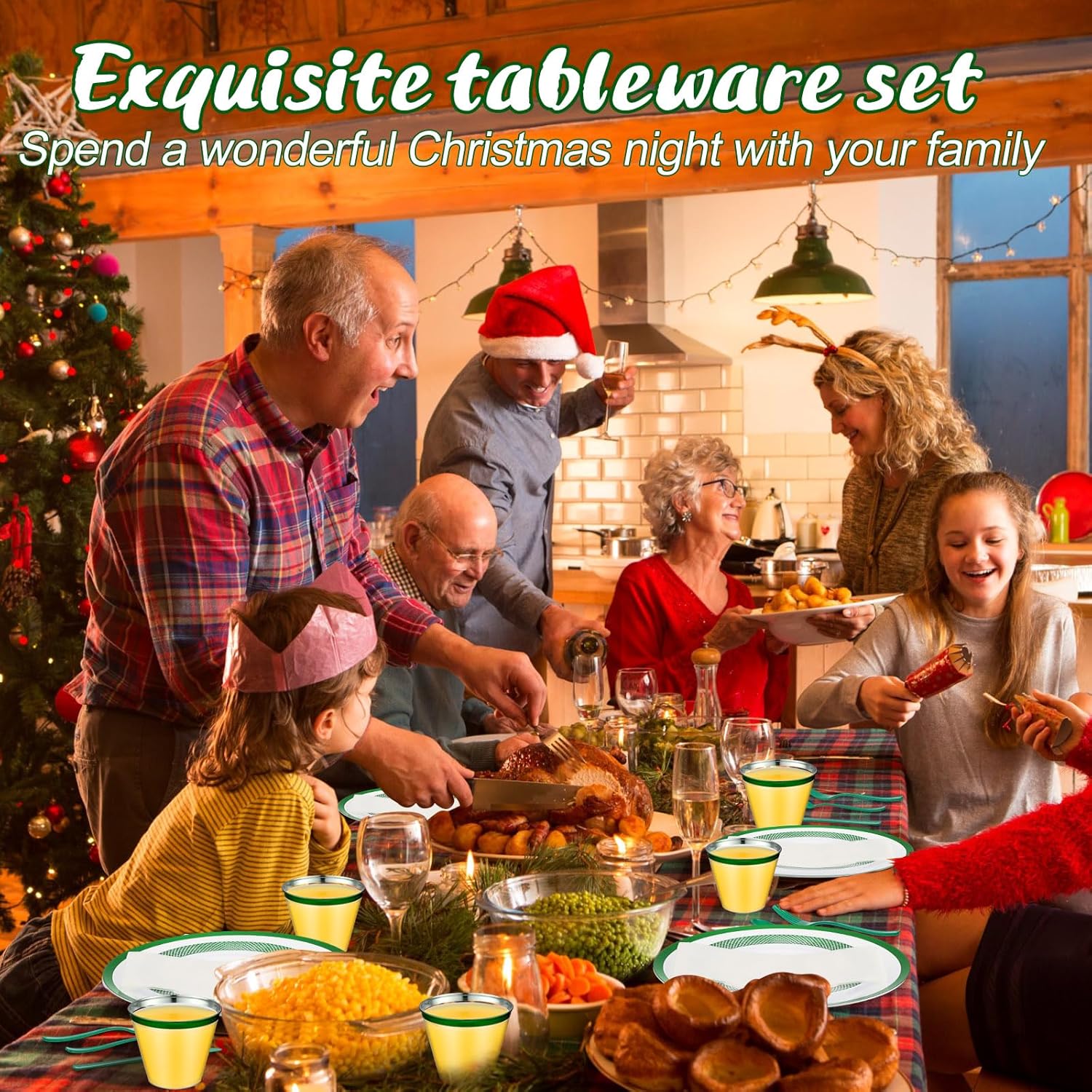 Yaomiao Juego de 350 platos desechables de Navidad con adornos para fiestas de Navidad, vajilla de plástico 90Z, cuchillos, tenedor, cuchara,