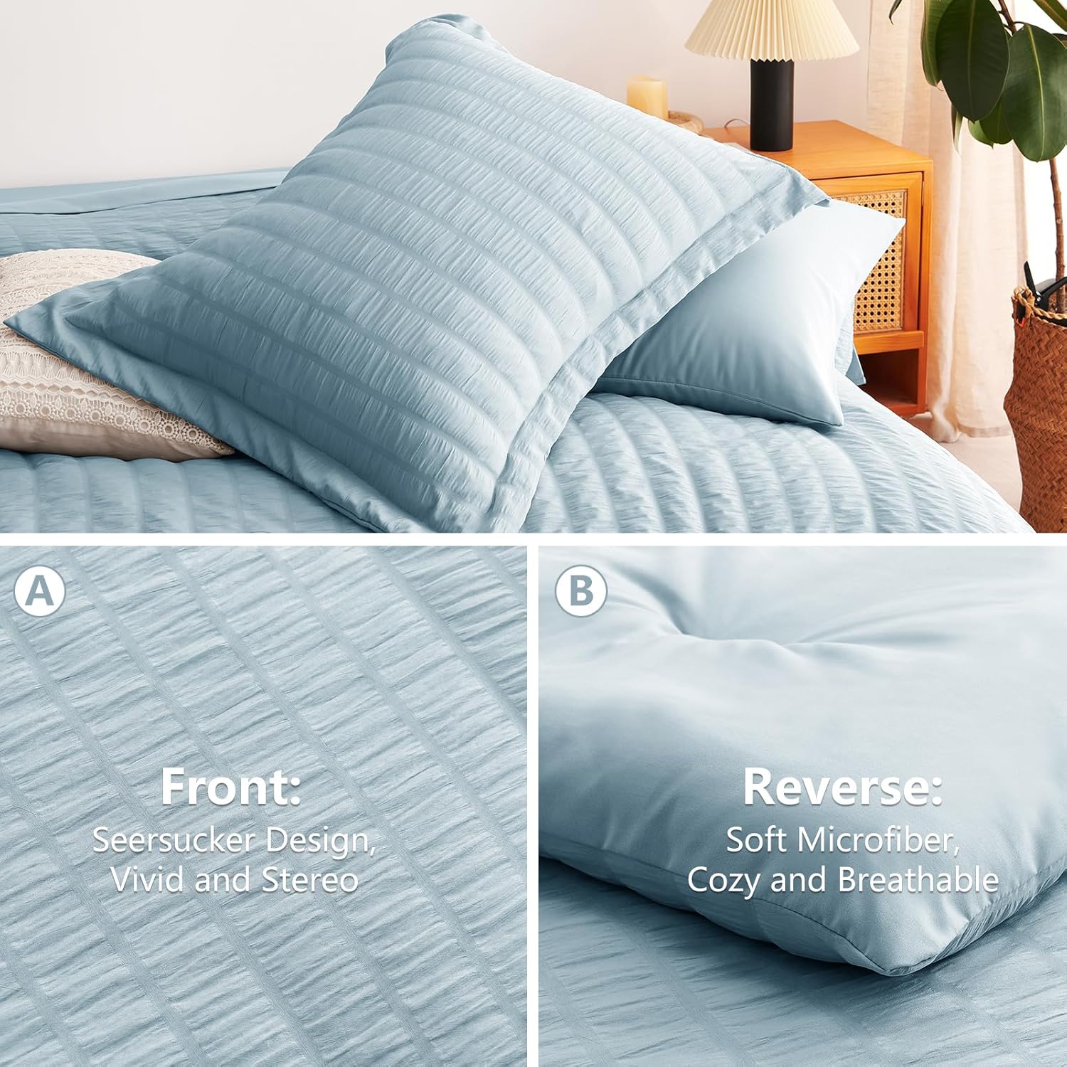 CozyLux Juego de edredón de sirsaca tamaño King con cama azul claro en una bolsa, juego de ropa de cama de 7 piezas para todas las estaciones con
